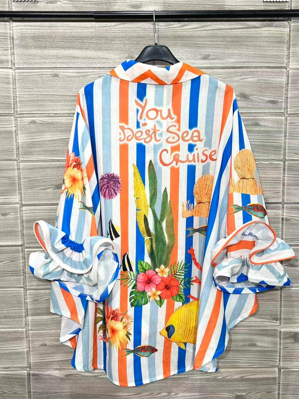 L713 | Loowie Best Sea Cruise Flamingo Button Shirt | Ruffle Sleeve One Size S-L - Picture 3 of 3